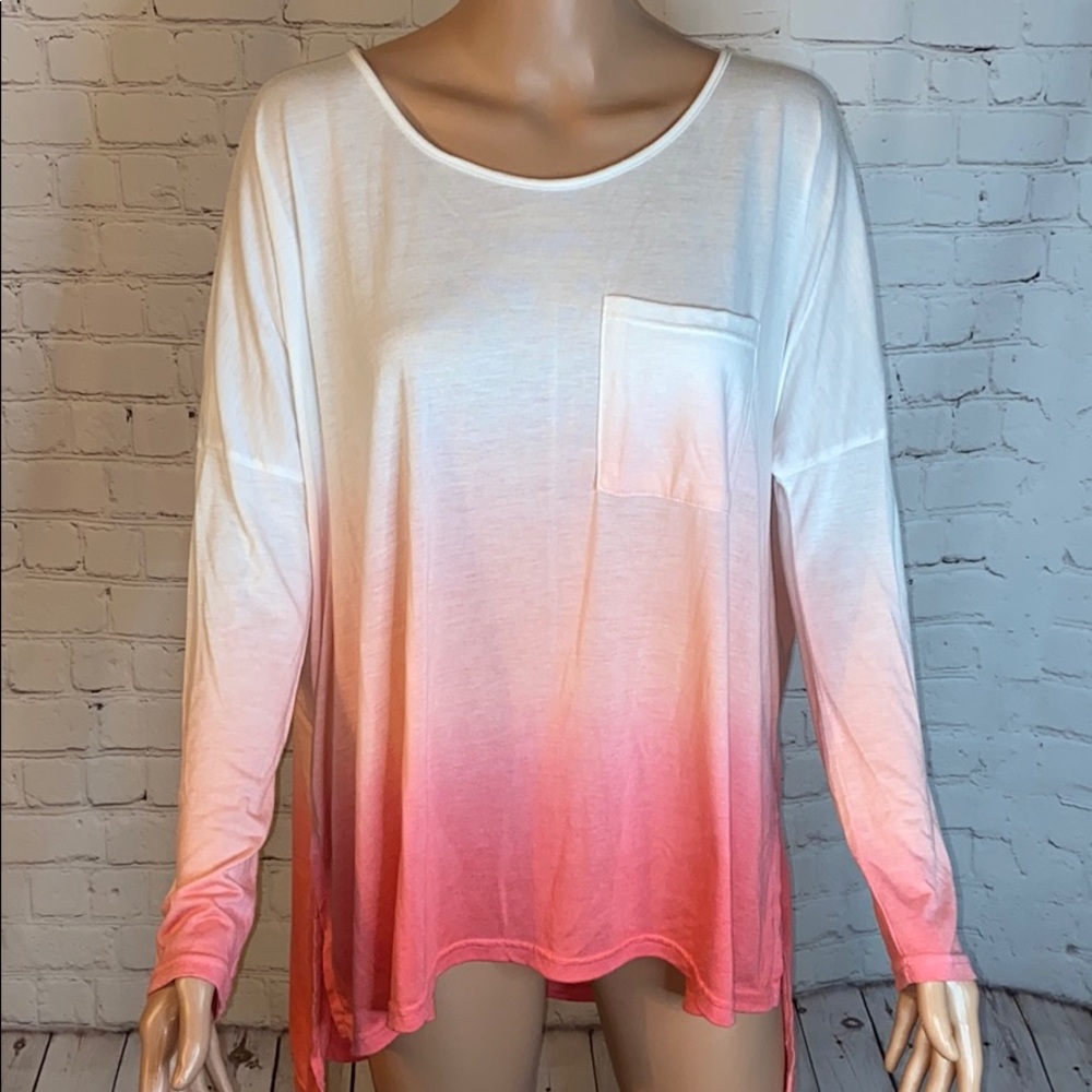She and Sky adorable gradient long sleeve shirt white and pink blouse